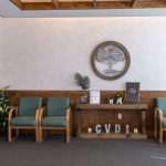 Waiting room: “CVDI” letters on wooden console, two teal chairs, plant, framed plaque.